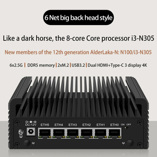 6 LAN 2.5G Firewall Router Intel Core I3 N355 N305 N150 N97 i226-V Fanless Mini PC DDR5 2xNVMe 1xSATA3.0 Type-C pfSense Proxmox.
