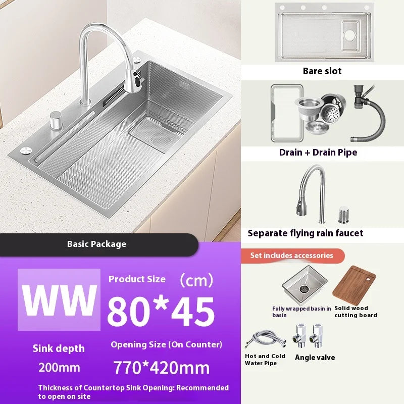 Silver 304 Stainless Steel Waterfall Kitchen Sink Multifunctional Scratch and Wear Resistant Large Single Slot Undermount Basin