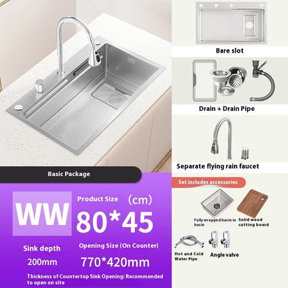 Silver 304 Stainless Steel Waterfall Kitchen Sink Multifunctional Scratch and Wear Resistant Large Single Slot Undermount Basin