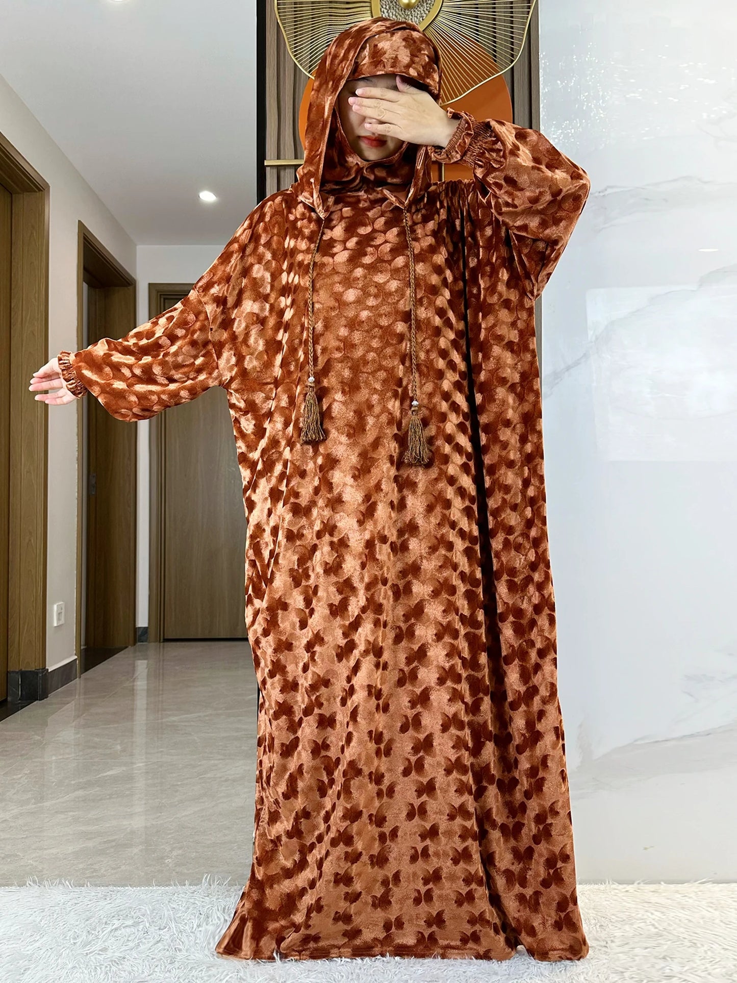 High Quality Velvet Fabric 2025 Ramadan Muslim Lady's Abaya Two-Hats Dubai Turkey Style Islamic Prayer Clothing Kaftan Dress