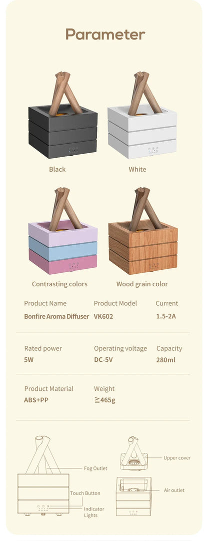 280ml Flame Aroma Diffuser USB Air Humidifier Colorful Atmosphere Light and Remote Control Bonfire Essential Oil Aroma Diffuser.