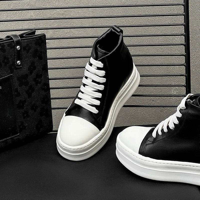 Street Style Ankle Boots for Men Genuine Leather High Top Shoes Fashion Brand Motorcycle Boots Thick Bottom  Male Walking Shoes.