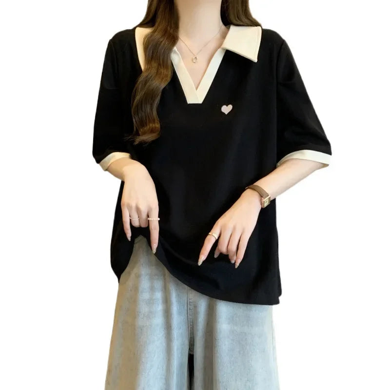 Plus Size Slimming Embroidered Polo Shirt plus Size American Style Base Layer T-Shirt College Fashion Anti-Aging Big MM Cotto....