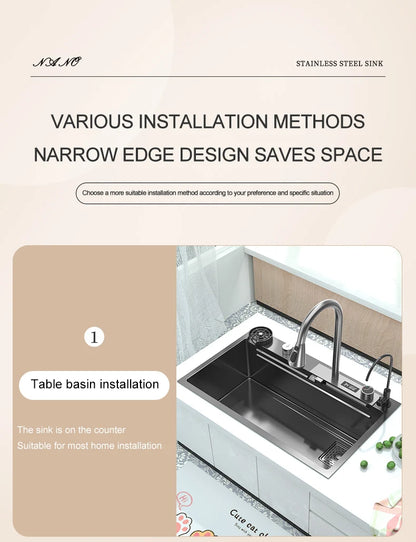 Waterfall Sink Kitchen Stainless Steel Topmount Sink Large Single Slot Wash Basin With Multifunction Touch Waterfall Faucet