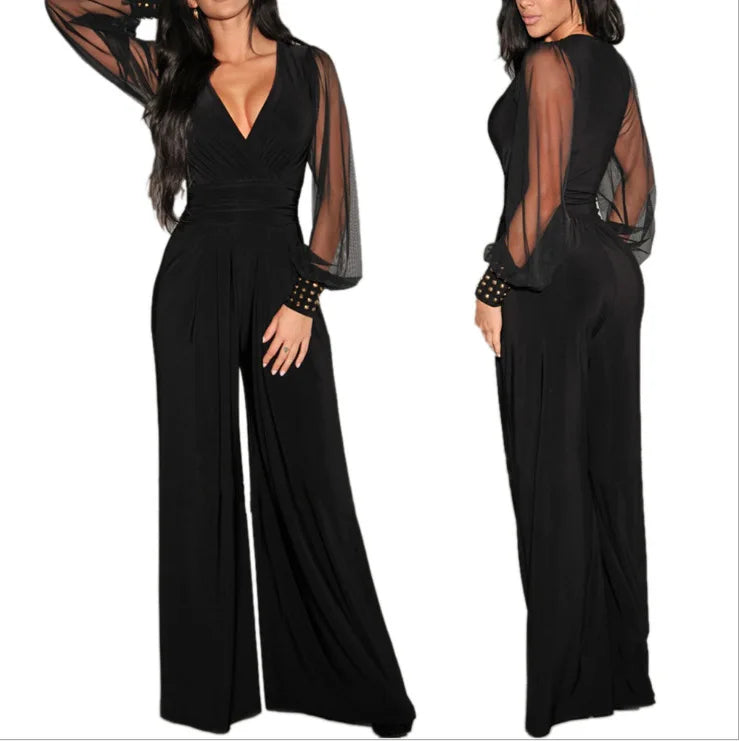 Spring Summer Fashion Sexy Women's Jumpsuit Elegant Solid Color Deep V Neck Lace Lantern Sleeves Splicing Rivet Slim Jumpsuits.