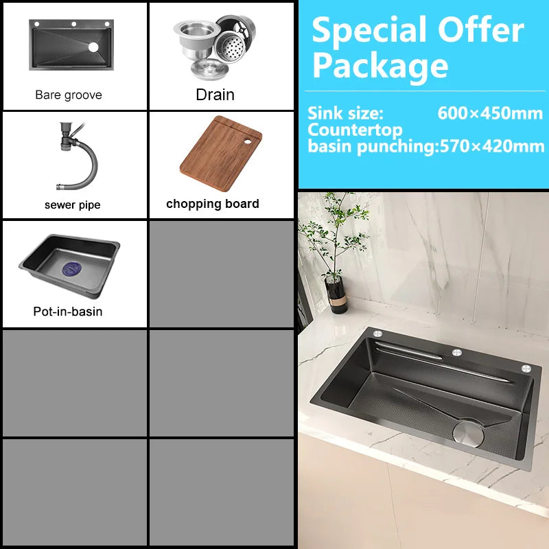 Stainless Steel Kitchen Sink Embossed Large Single-Slot With Kitchen Faucet Multifunctional Washbasin for Apartment