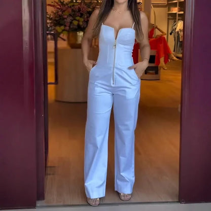 Fashion High Street Sleeveless Jumpsuit For Women 2025 Sexy Spaghetti Strap Bodycon Jumpsuits Office Elegant White Slim Romper.