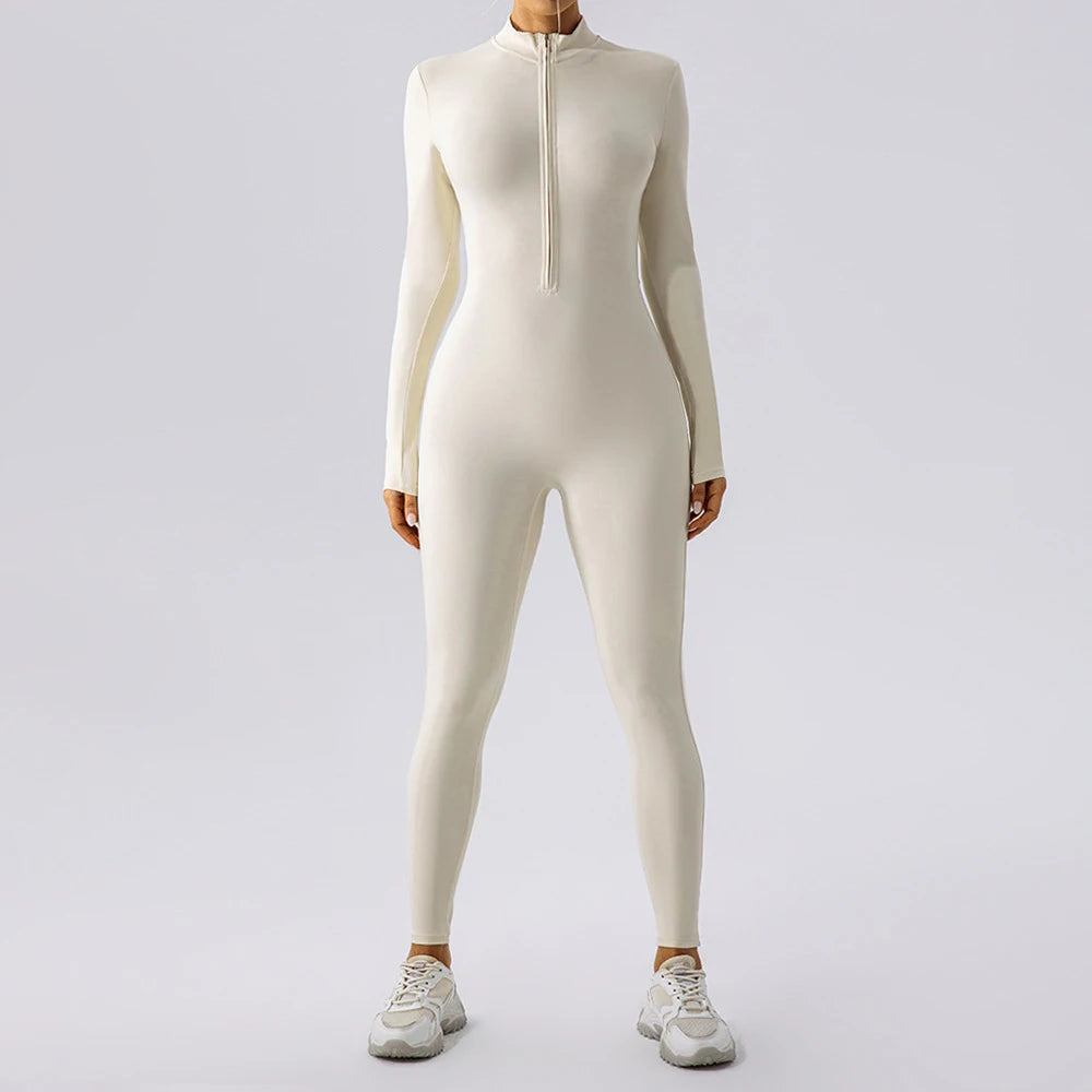 S-XL 2025 Nylon Zipper Long Sleeve Yoga Set Women One Piece Jumpsuit Fitness Gym Workout Pant Legging Running Romper Suit XP27.