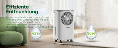 Dehumidifier 12 L/Day, Car Dehumidification, 24H Timer On/Off, Continuous Drainage, Room Dehumidifier, Suitable for Home/Basemen.
