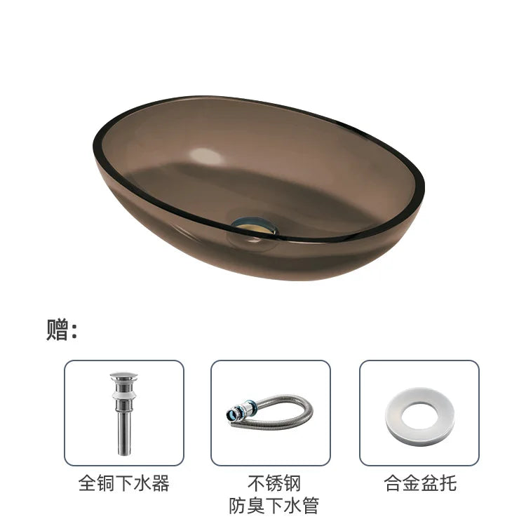 Farbiges, transparentes Badezimmerwaschbecken aus gehärtetem Glas, Hotel, modernes Aufsatzwaschbecken, Waschbecken mit Wasserfall-Wasserhahn, 49 x 35 x 13 cm