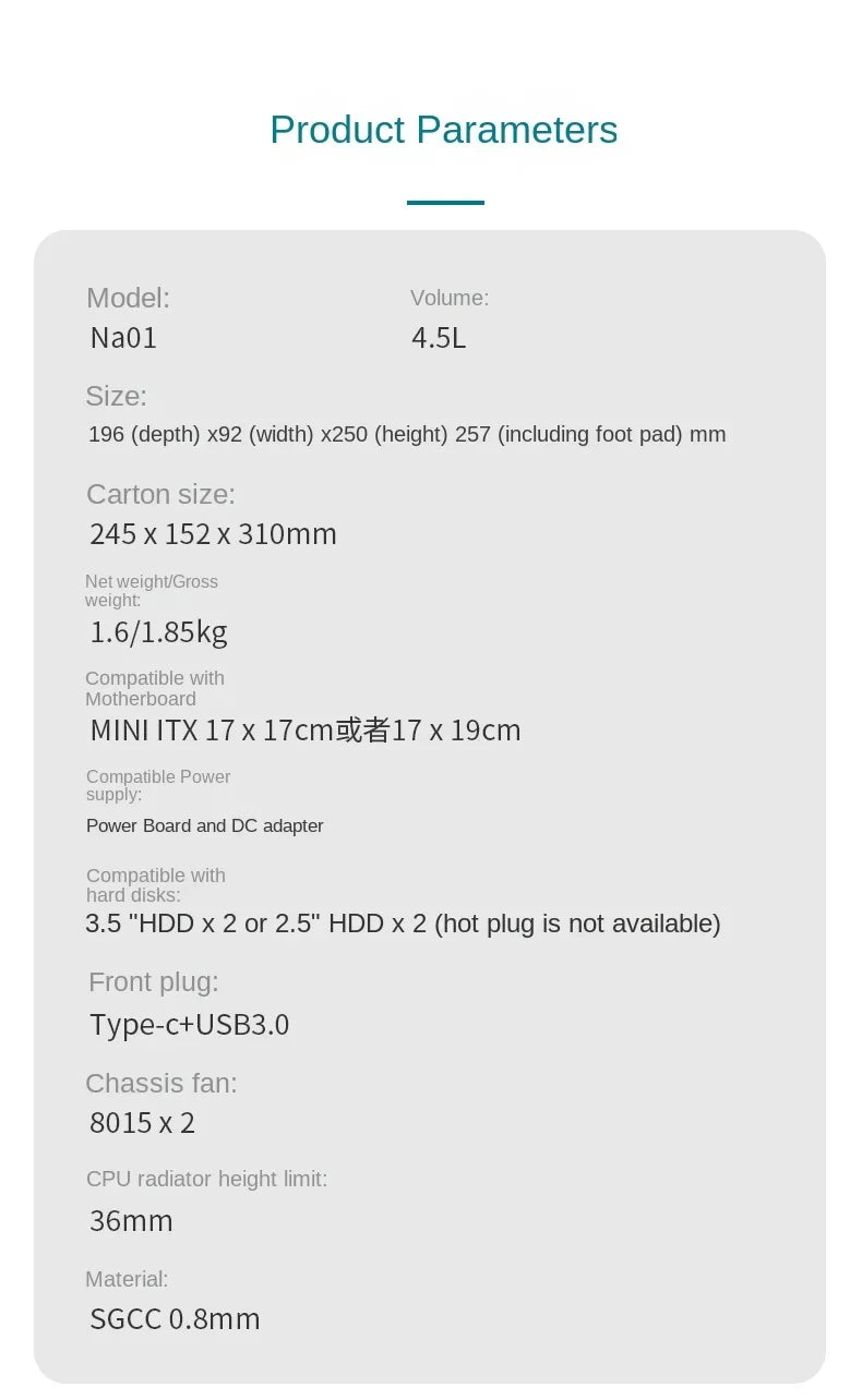 Desktop Chassis ITX Computer Case Mini NAS Computer Case Dual 3.5-Inch Hard Drive Front USB3.0 TYPEC Interface.