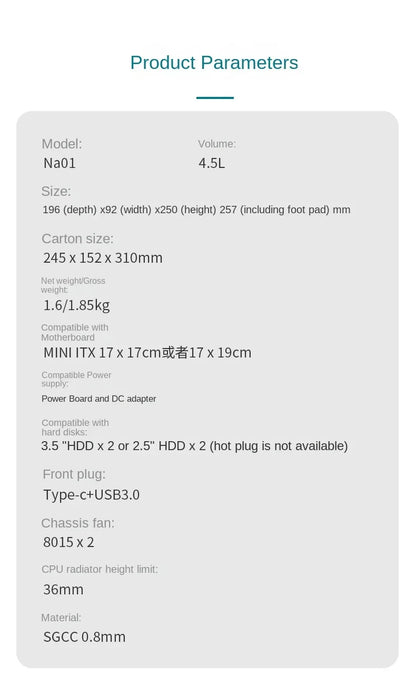 Desktop Chassis ITX Computer Case Mini NAS Computer Case Dual 3.5-Inch Hard Drive Front USB3.0 TYPEC Interface.