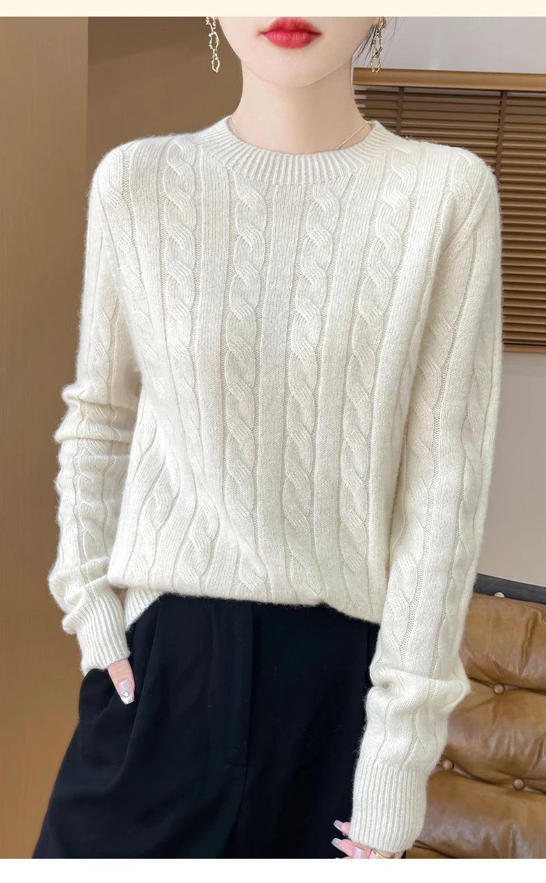 Frauen 100% Merino Wolle Verdickung Pullover Oansatz Gestrickte Twisted Pullover Herbst Winter Kaschmir Langarm Kleidung Basis Tops.