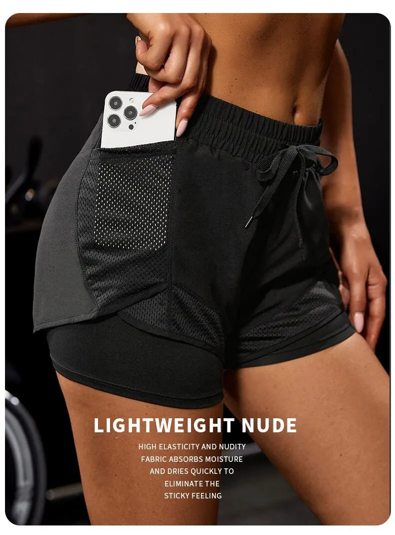 Women's Elastic Sports Shorts, Shorts With Pockets, Fake Two-Piece Yoga Leggings Running And Training.