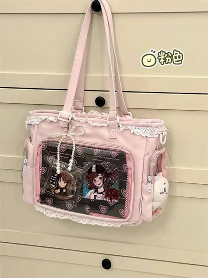 New Y2K Cute Japanese Ita Bag Lolita Girl Transparent Shoulder Tote Bag Large Capacity Crossbody Casual Bag DIY Display Handbags