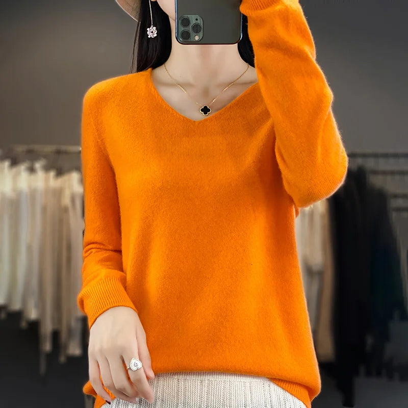 Women 100% Merino Wool Sweater V-Neck Basic Pullover Autumn Winter Cashmere Clothing Long Sleeve Soft Knitwear Tops Solid Color