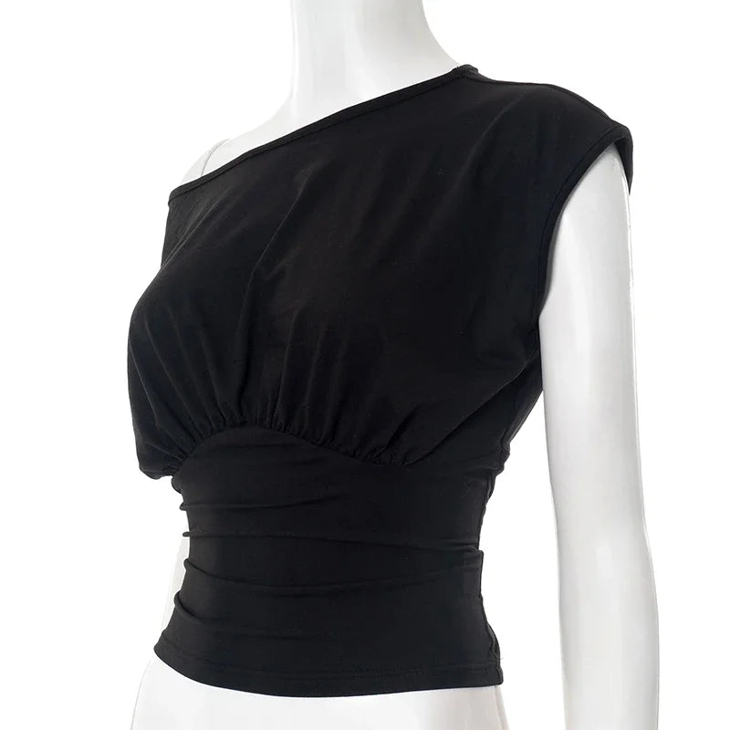 Solid Color One Shoulder Slant Neck Waist Shrinking Pleated Tank Top Women'S Summer New Casual Simple Fashion Tank Top.