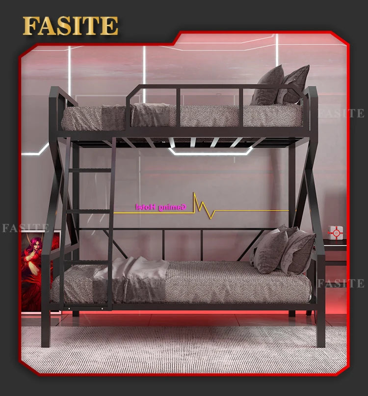 Premium E-Sport-Etagenbett aus Eisen, Hotel, Apartment, Schule, Schlafsaal, Bett, schwarzer Rahmen, Hochbett für Erwachsene, Camas, Schlafzimmermöbel