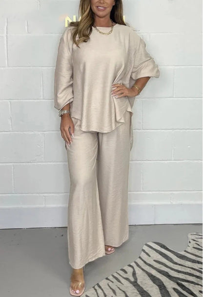 Women's Suit Casual Loose Solid Color Satin 2-piece Set Spring Fall New Blouse Top + Pants Sets Daily Wear Elegant Outfit Female.