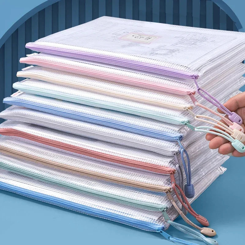 Zipper Mesh Bags A4/A5 Plastic Zipper Bags For Organizing Waterproof Clear Travel Bags Office Supplies Document，color random.