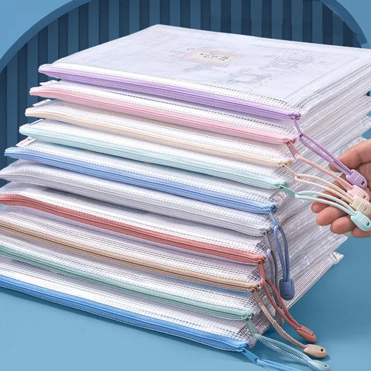 Zipper Mesh Bags A4/A5 Plastic Zipper Bags For Organizing Waterproof Clear Travel Bags Office Supplies Document，color random.
