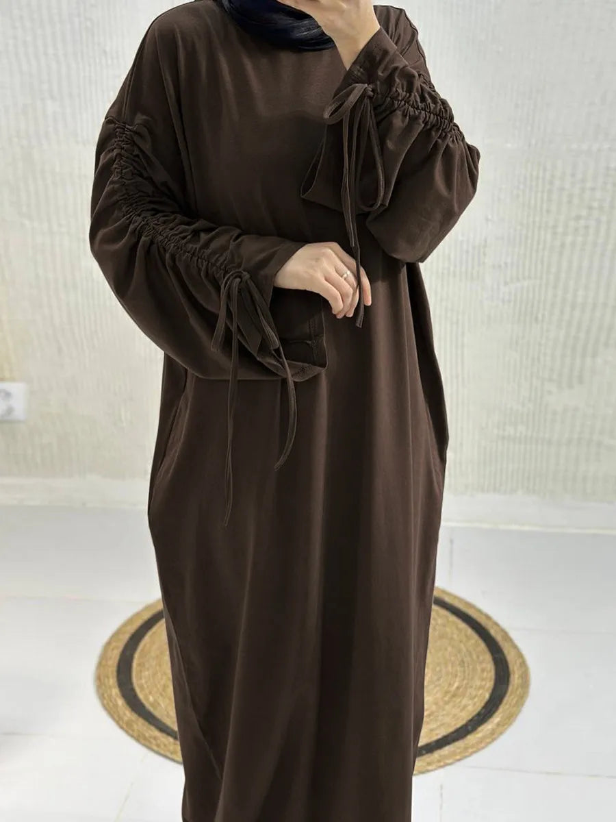 Muslim Women Arabic Dubai Abaya Drawstring sleeves Long Dress Modest Ramadan Kaftan Robe Femme musulmane Islam Clothing Kebaya