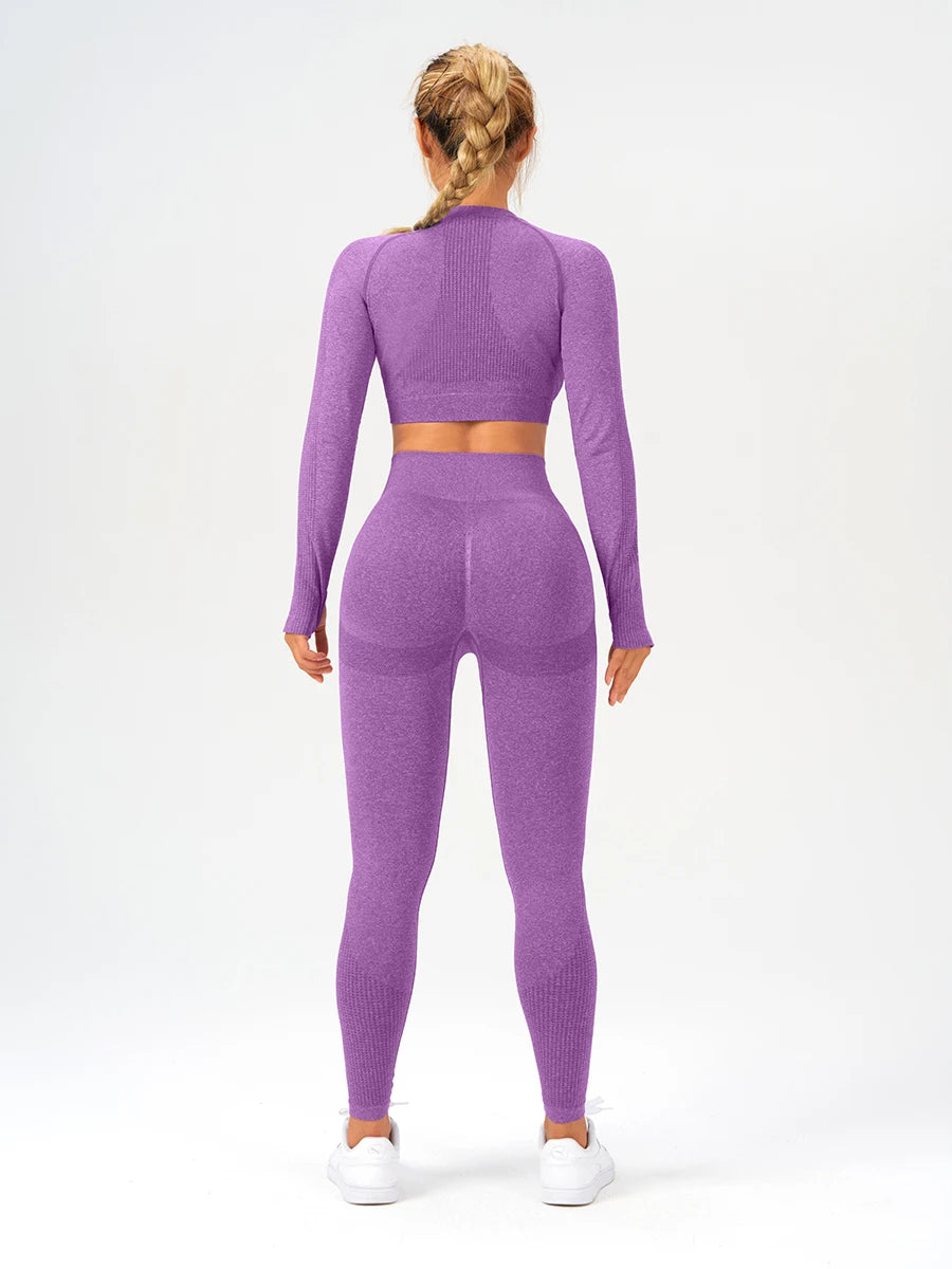 2 pcs/set Long Sleeve Yoga Leggings Set Sportswear Woman Gym Seamless Workout Outfit Yoga Clothes Womens Tracksuit Activewear.