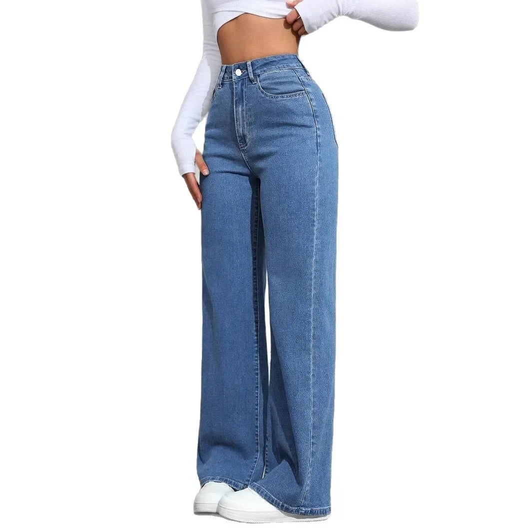 High Waist Straight Leg Women's Jeans Rhinestone Washed INS Style Imported New Model Blue Denim Trousers Female Fashion.