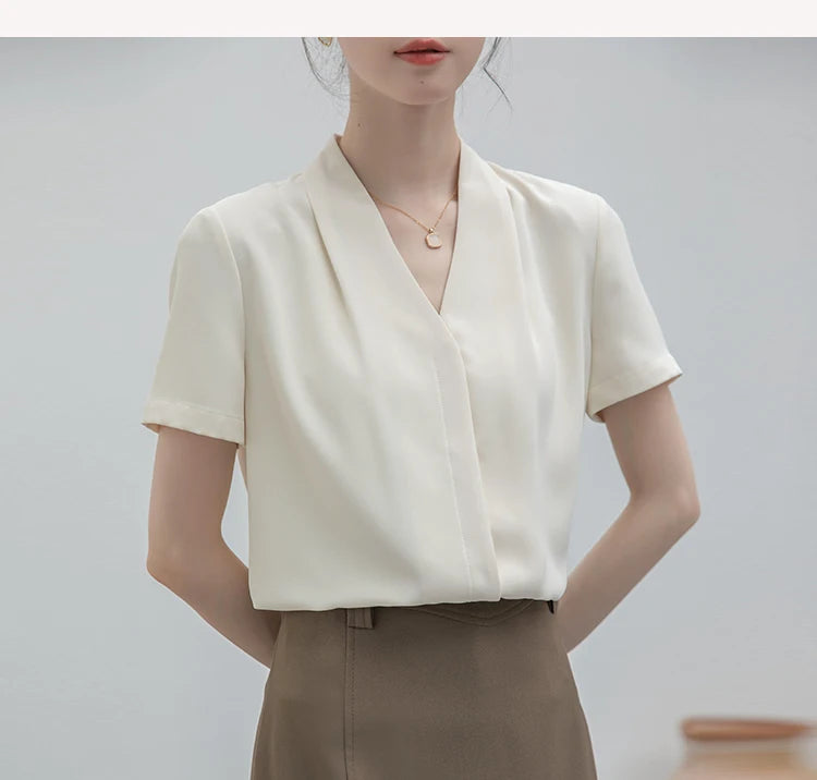 2025 Fashion Summer Short Sleeve V-Neck Women Blouse White Blouse Shirt Women Tops Blouses Shirts Blusas Para Mujer Camisas XL86