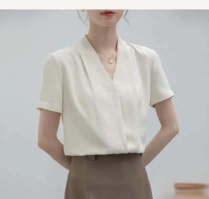 2025 Fashion Summer Short Sleeve V-Neck Women Blouse White Blouse Shirt Women Tops Blouses Shirts Blusas Para Mujer Camisas XL86