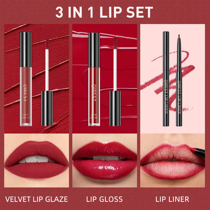 3pcs Matte Liquid Lipstick+Lip Liner Set Lip Glaze Makeup Nude Black Red Velvet Lip Gloss Long Lasting Lip Tint Cosmetics Kits.