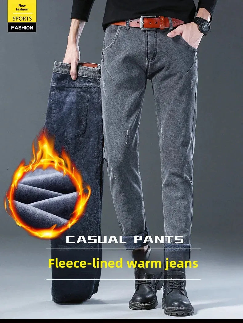 Winter Hot Sale Of The Season Trendy Stretchy Fleece Lined Thick Denim Mid Waist Fashionable Casual Warm Long Pants Men's Jeans.