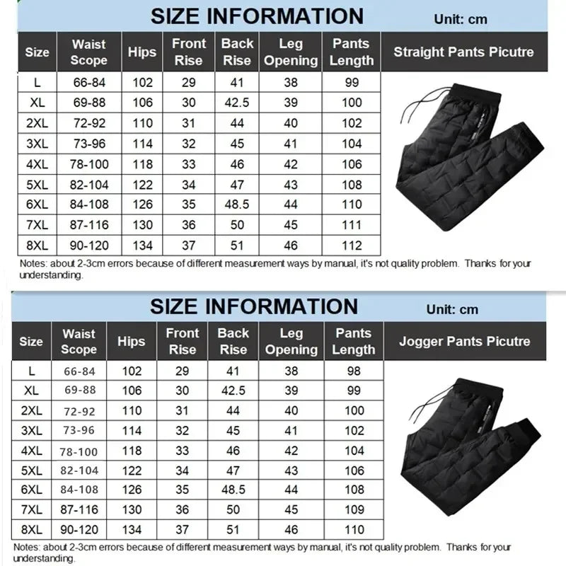 Winter Duck Down Pants Men Outdoor 8XL 7XL 6XL Plus Size Warm Padded Thicken Waterproof Thermal Trousers Windproof Male Jogger.