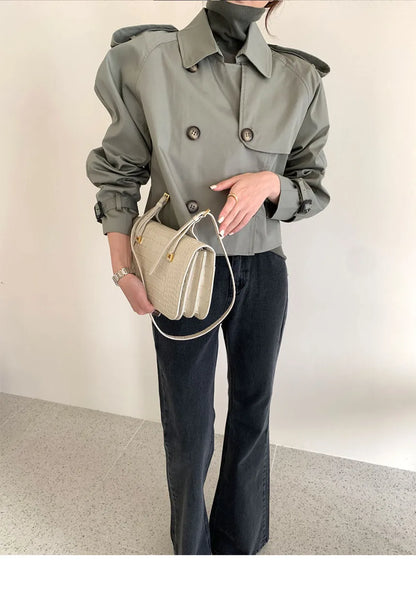 Vintage Zweireiher Graben Jacken Frauen Lose Chic Büro Dame Crop Tops Herbst Weibliche Mäntel Alle-spiel Lose Windjacke.