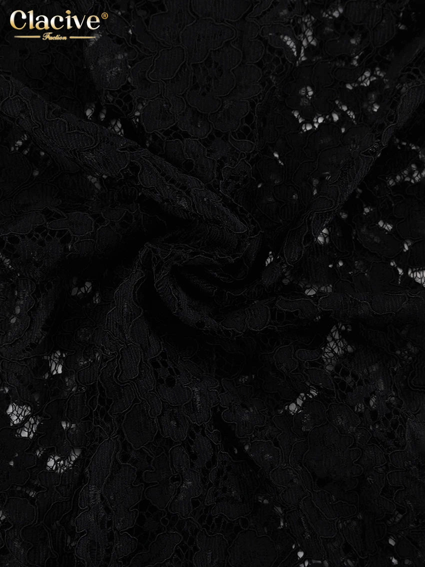 Clacive Sexy Loose Black Lace See Through Trousers Sets Women 2 Pieces Fashion Long Sleeve Shirt With High Waist Wide Pants Set