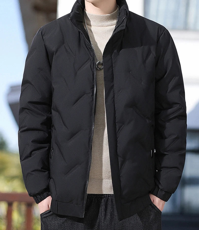 Men's winter standing collar cotton jacket with diamond grid pattern warm jacket, casual solid color fashionable simple jacket.