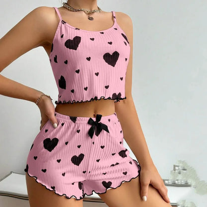 Zweiteiliges Set Sommer dünner Pyjama Homewear Set Polyester Freizeitanzug einfarbig Sling Shorts Damen.