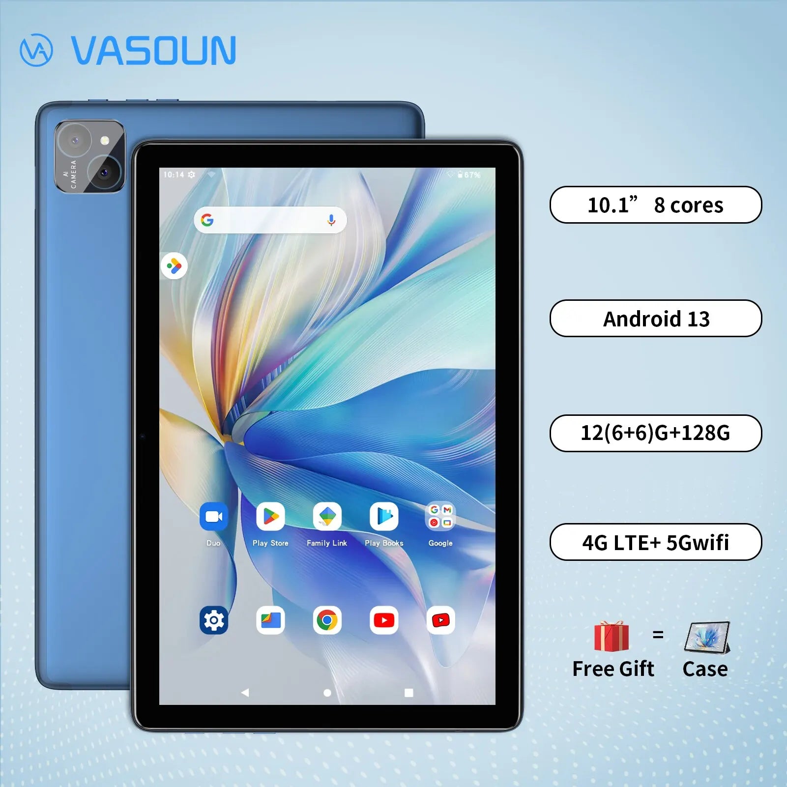 VASOUN Android 14 Tablet 10.1", 12GB(6+6 Expand) RAM, 128GB ROM, Octa Core, Dual SIM 4G Unlocked With 2.4G/5G WiFi GPS.
