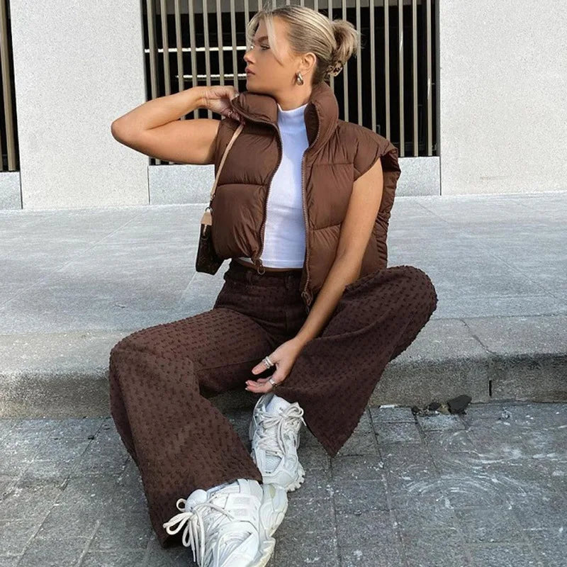 Herbst Winter Kurze Baumwolle Weste Elegante Solide Zipper Ärmel Stehkragen Warme Stepp Weste Mäntel Reise Jacke Im Freien.