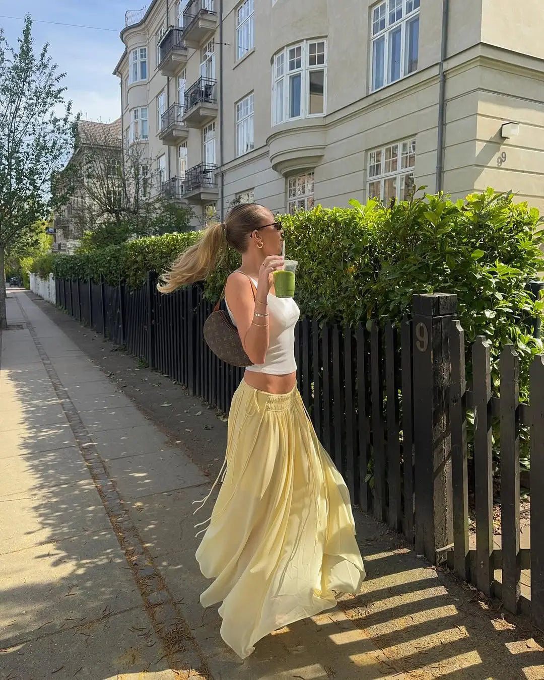 YENKYE New Fashion Side Drawstring High Waist Elegant Yellow Skirt Women Holiday Summer Loose Chiffon Midi Skirts faldas mujer.
