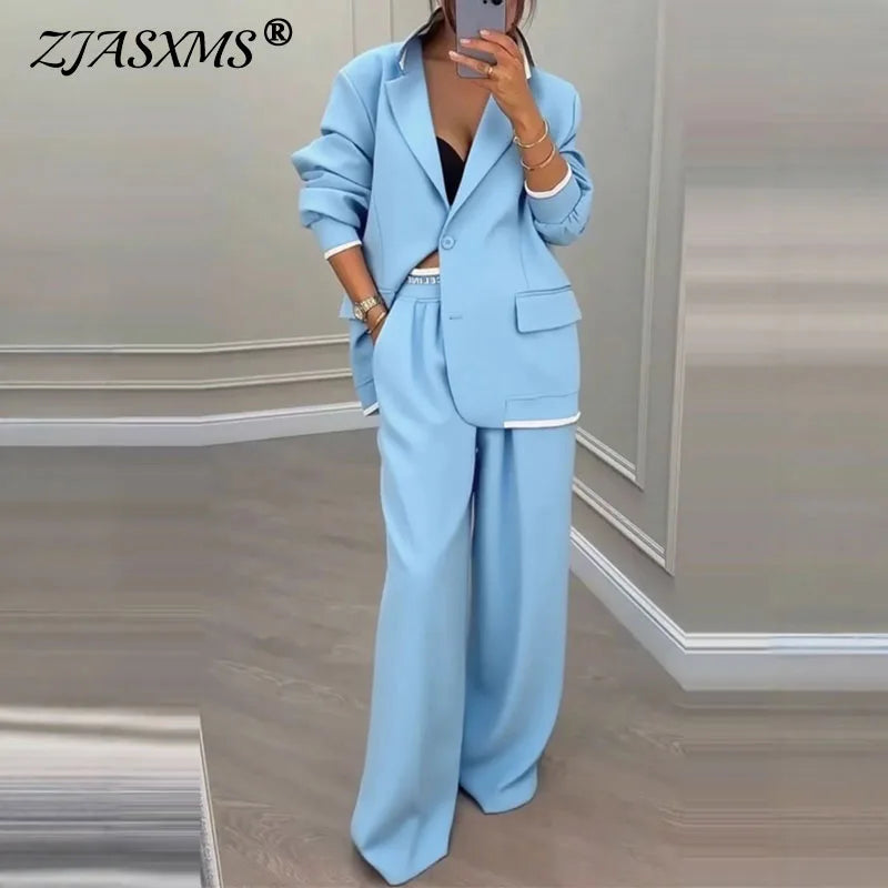 Autumn Casual Women's Suit Set Sexy Turn-down Collar Button Blazer & Straight-leg Pants Set Winter Solid Long Sleeve Chic Outfit.