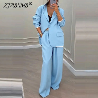 Autumn Casual Women's Suit Set Sexy Turn-down Collar Button Blazer & Straight-leg Pants Set Winter Solid Long Sleeve Chic Outfit.