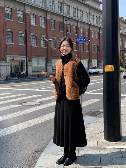 Thick Hepburn Style Woolen Pleated Skirt High Waist Slimming Casual Half Skirt Women Autumn Winter Unique Long Skirt