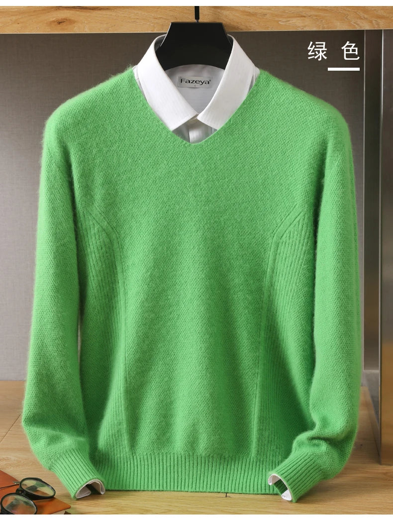 Men's 100% Pure Mink Cashmere Sweater V-Neck Pullovers Knit Large Size Mink Sweater Winter New Tops Long Sleeve High-End Jumpers.