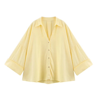 Summer Women's Curled Wide Sleeves Linen Blended Striped Asymmetric Casual Shirt Versatile Collar Linen Blended Printed Shirt.