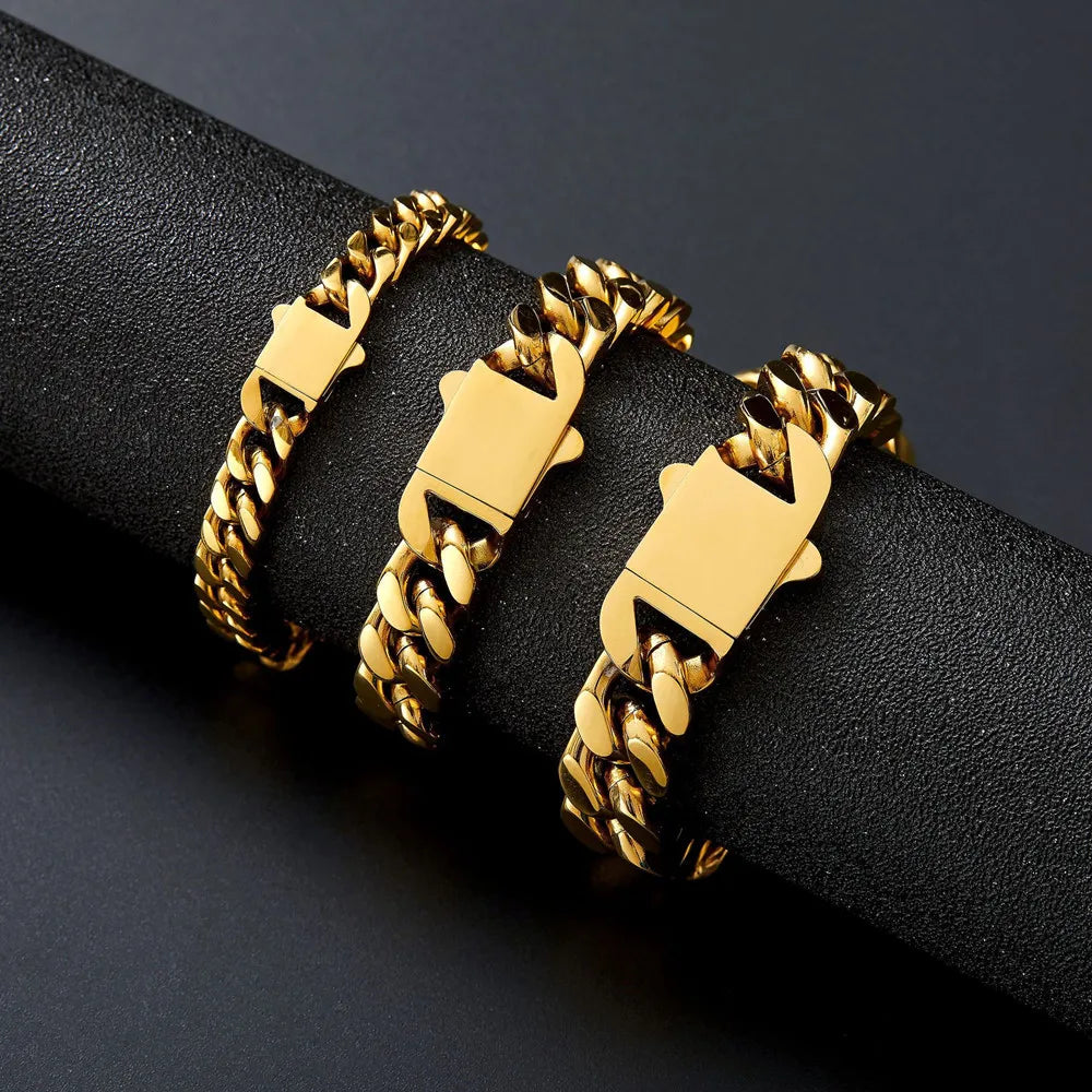 316 Stainless Steel Plated 18k Gold Fashion 8.10.12mm Encrypted Cuban Chain Miami Rap Hip Hop Men's Bracelet Accessory