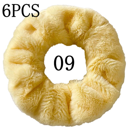 6pc Hair Scrunchies Furry Elastic Band Women Girl Ponytail Holder Rubber Ties Accessories Plush Faux Fur Soft Chiffon Headband