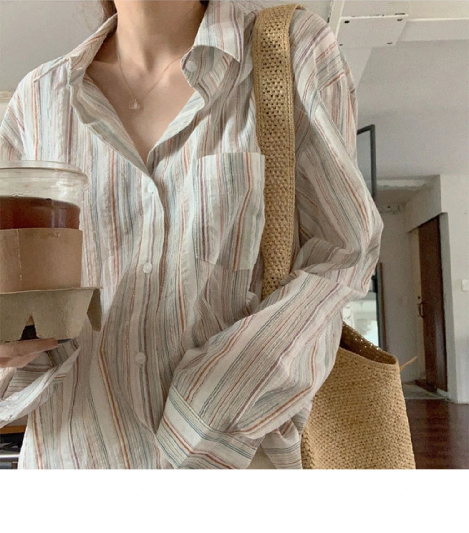Vintage Office Lady Striped Shirt Spring Pocket Turn Down Collar Tops Korean Style Loose Long Sleeve Blouse Casual Women Clothes.