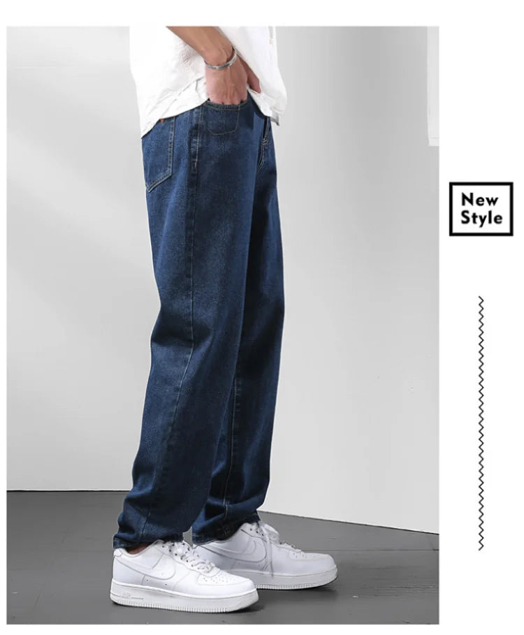 Light Blue American Retro Jeans Men Soft Loose Straight Cylinder High Street Workwear Casual Loose Legs Pants.