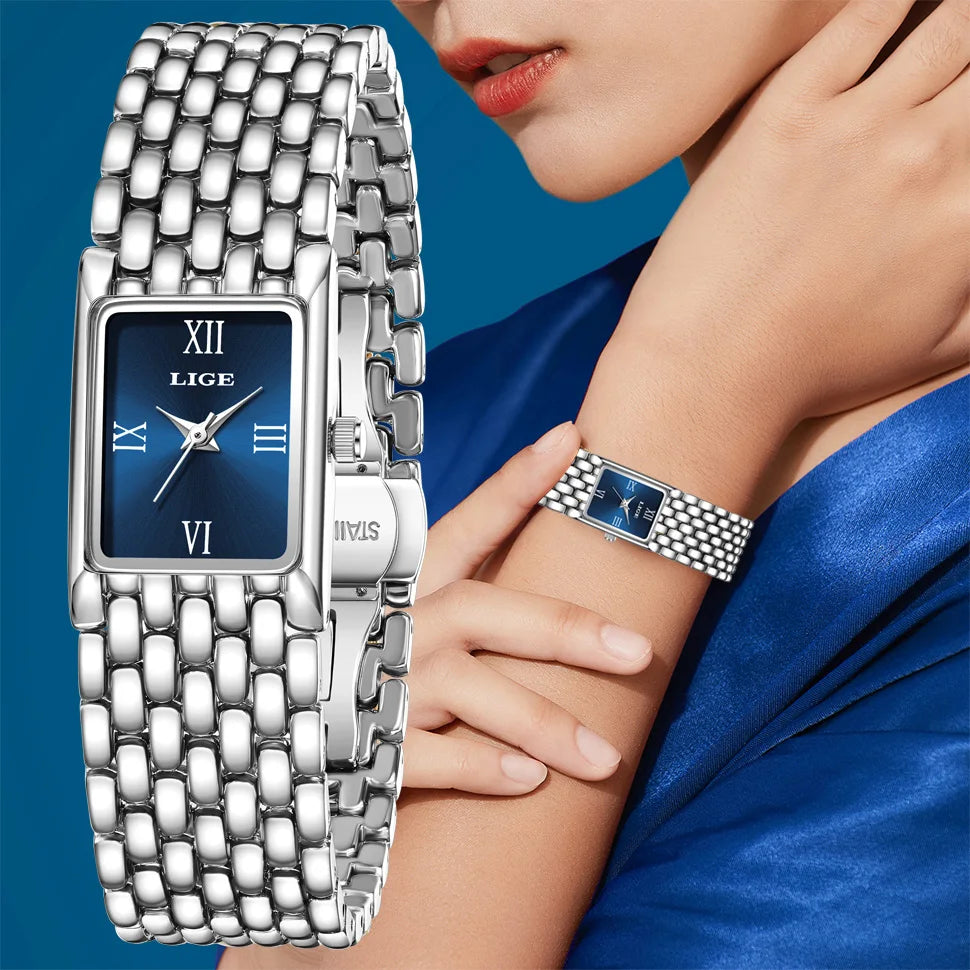 LIGE Silver Watch for Women Square Ladies Quartz Wristwatches Stainless Steel Women Small Gold Watch Luxury Casual Fashion Watch.